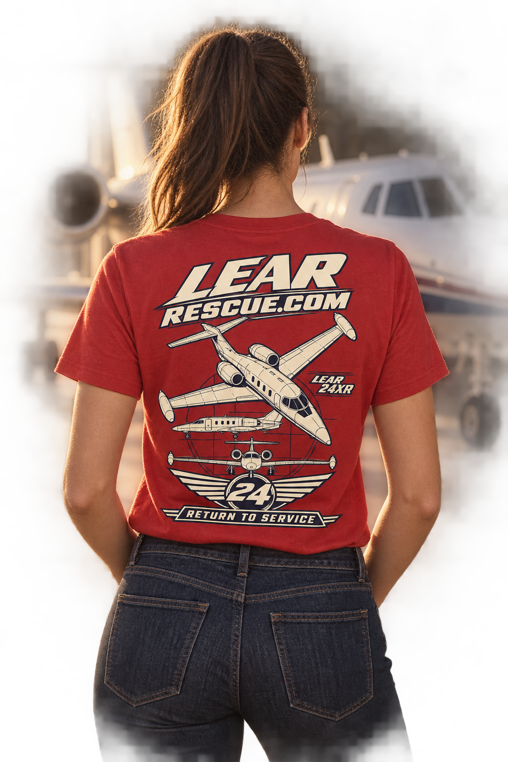 Illustrative campaign image of an adult woman with a ponytail, showing the actual Lear Rescue back-print design on a red crew shirt